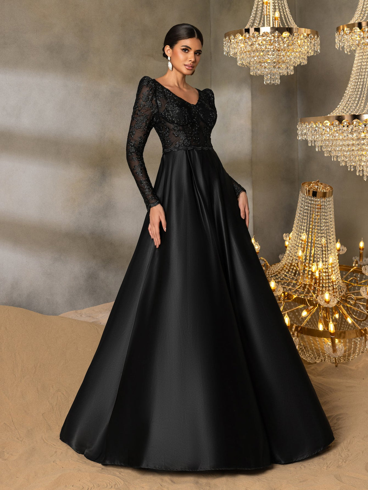Elegant V Neck Lace Bodice Satin A-line Prom Dress