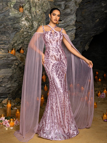 Elegant Crisscross Halter Neck Cloak Sleeves Mermaid Hem Sequin Formal Dress – view 6