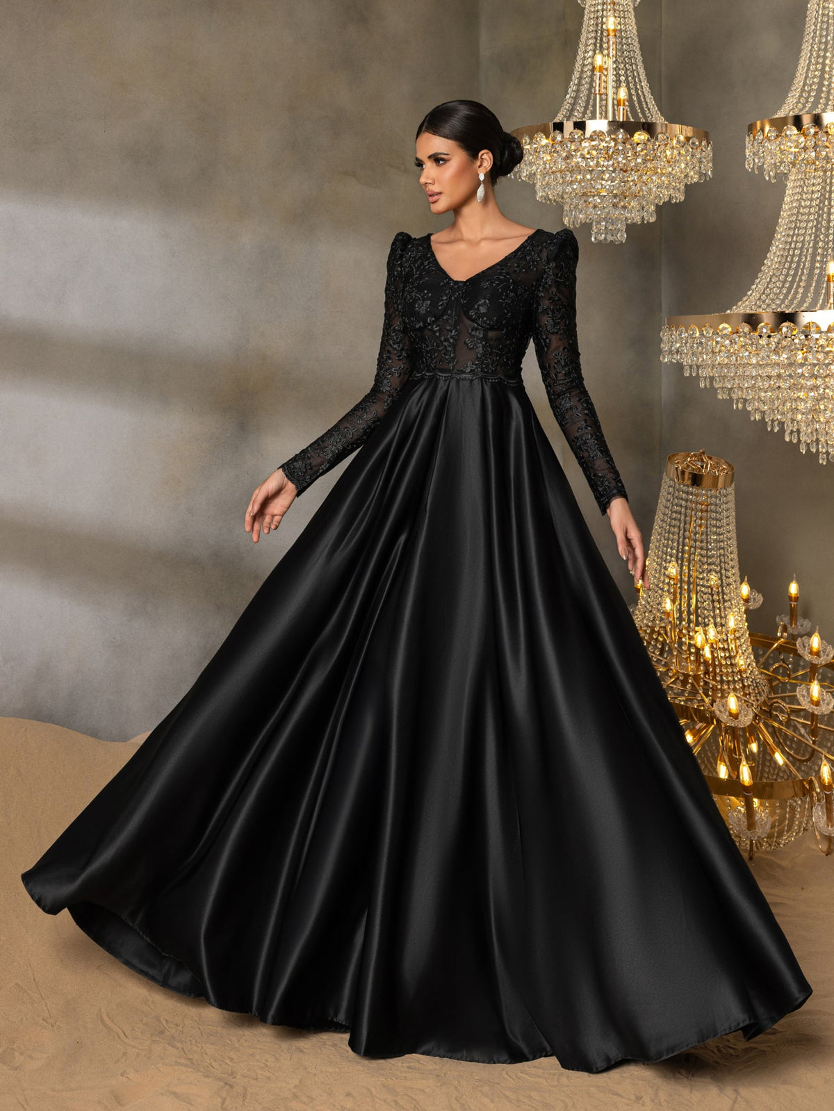 Elegant V Neck Lace Bodice Satin A-line Prom Dress
