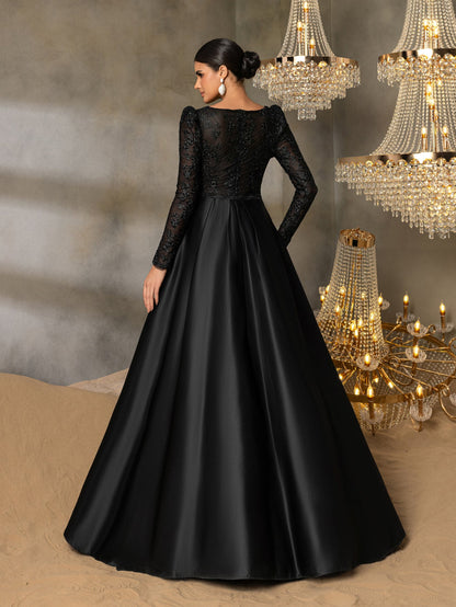 Elegant V Neck Lace Bodice Satin A-line Prom Dress