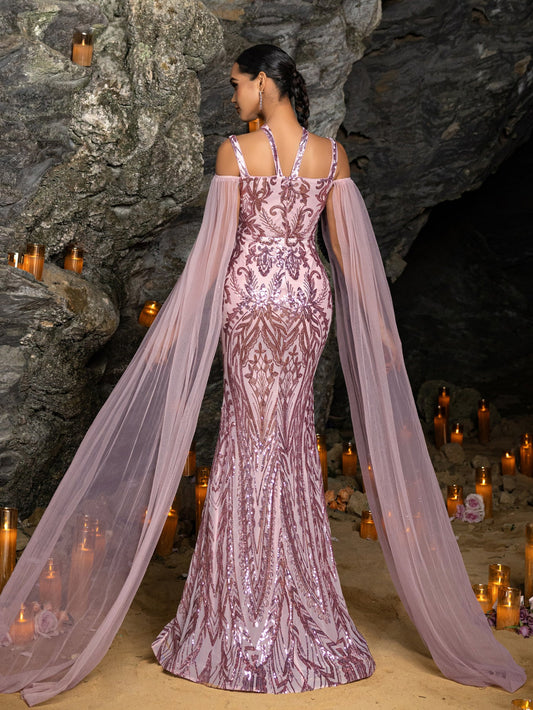 Elegant Crisscross Halter Neck Cloak Sleeves Mermaid Hem Sequin Formal Dress – view 2
