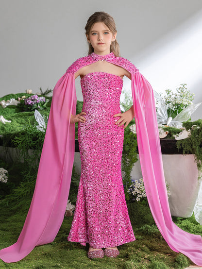 Alternate view of Strapless Sequin Mermaid Sleeveless Maxi Tween Girls' Party Dress in Pink