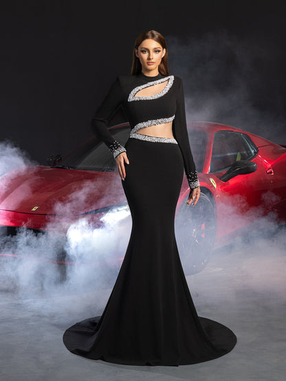 Gorgeous Pearl Embellished Cut Out Front Mermaid Hem Maxi Evening Dress – view 3