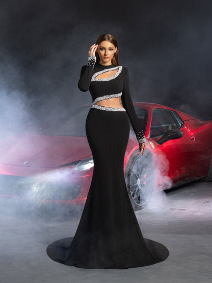 Gorgeous Pearl Embellished Cut Out Front Mermaid Hem Maxi Evening Dress – view 5