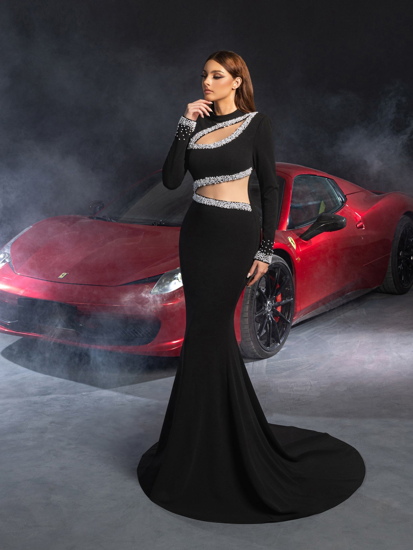 Gorgeous Pearl Embellished Cut Out Front Mermaid Hem Maxi Evening Dress – view 4
