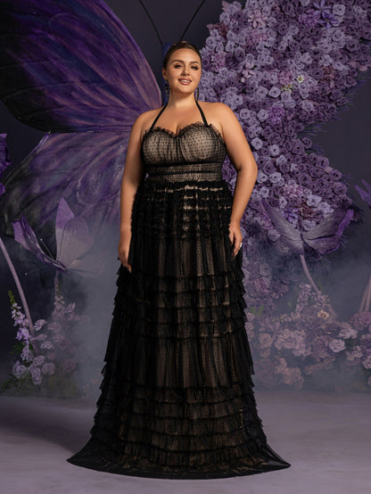 Plus Gorgeous Halter Neck Lace-up Back Cascading Ruffle Hem Tulle Wedding Dress – view 4