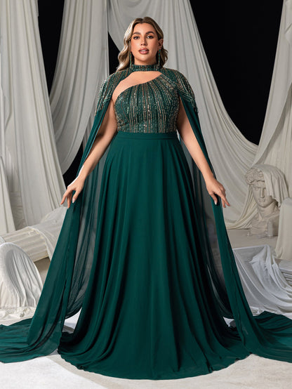 Plus High Neck Chiffon Gown with Detachable Cape | Asymmetrical Cutout & Beaded Embroidery – view 3