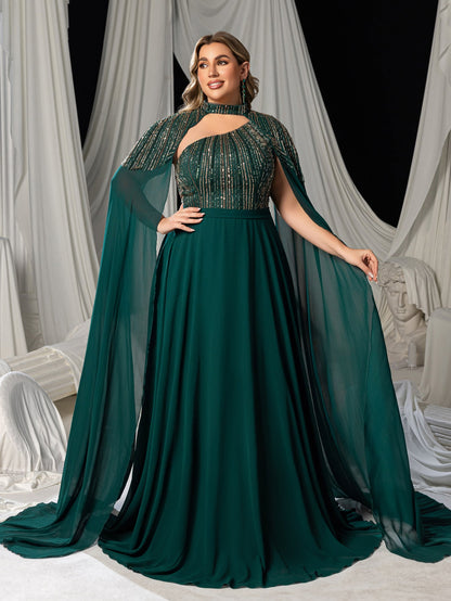 Plus High Neck Chiffon Gown with Detachable Cape | Asymmetrical Cutout & Beaded Embroidery – view 4