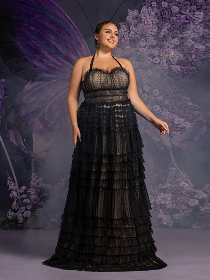 Plus Gorgeous Halter Neck Lace-up Back Cascading Ruffle Hem Tulle Wedding Dress – view 5