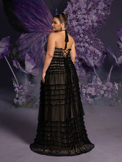 Plus Gorgeous Halter Neck Lace-up Back Cascading Ruffle Hem Tulle Wedding Dress – view 2