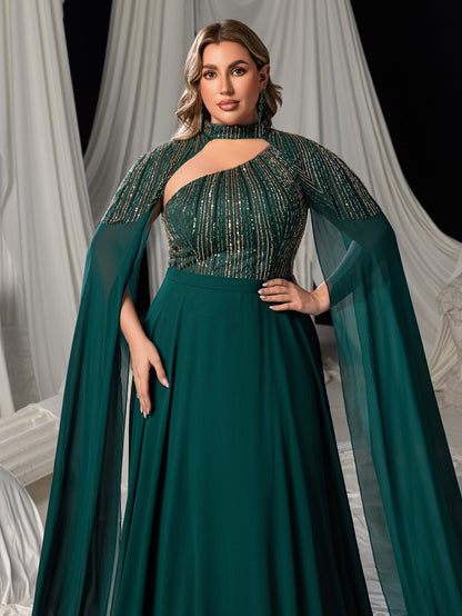 Plus High Neck Chiffon Gown with Detachable Cape | Asymmetrical Cutout & Beaded Embroidery – view 5