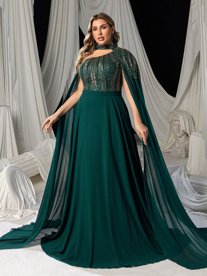 Plus High Neck Chiffon Gown with Detachable Cape | Asymmetrical Cutout & Beaded Embroidery – view 7