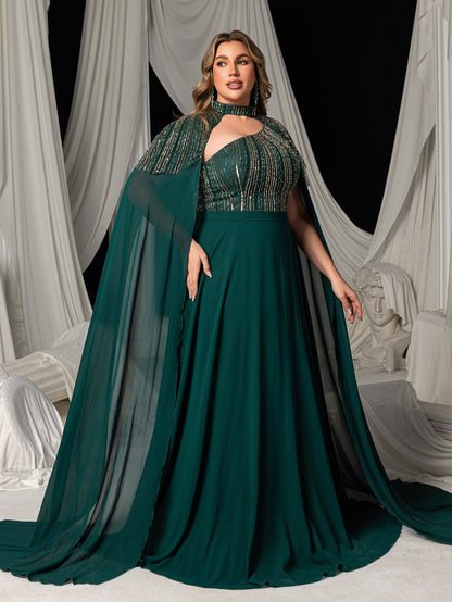 Plus High Neck Chiffon Gown with Detachable Cape | Asymmetrical Cutout & Beaded Embroidery – view 6