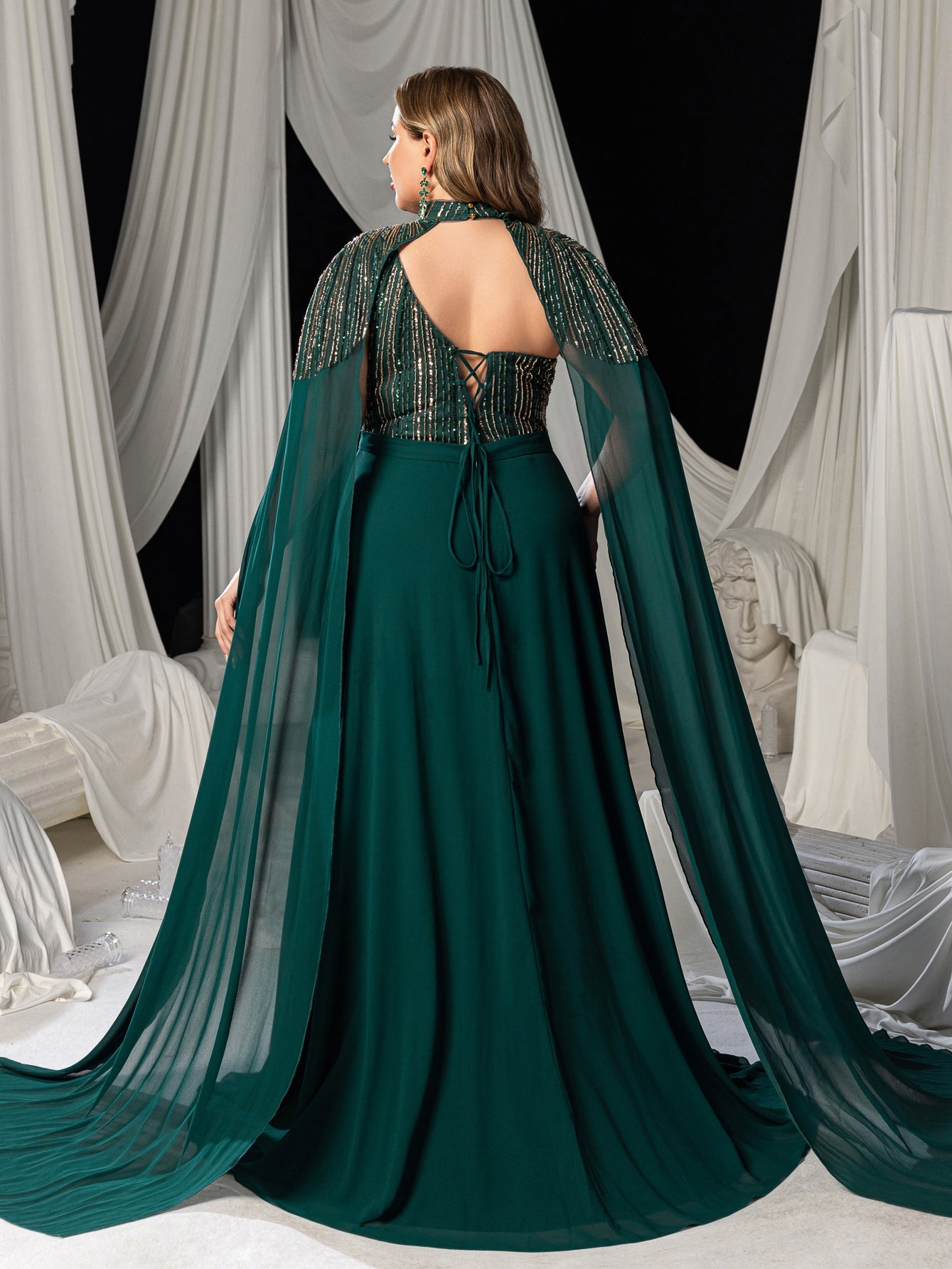 Plus High Neck Chiffon Gown with Detachable Cape | Asymmetrical Cutout & Beaded Embroidery – view 2