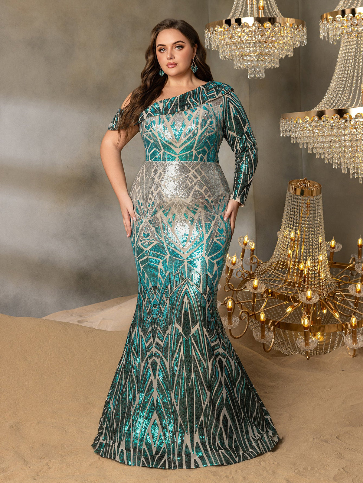 Plus One-Shoulder Geometric Sequin Gown | Long Sleeve Mermaid Dress