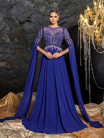 Gorgeous Chiffon Evening Gown with Sequins, Beads & Geometric V-Details, Long Sleeve Cape & Full Flowing Skirt – view 4