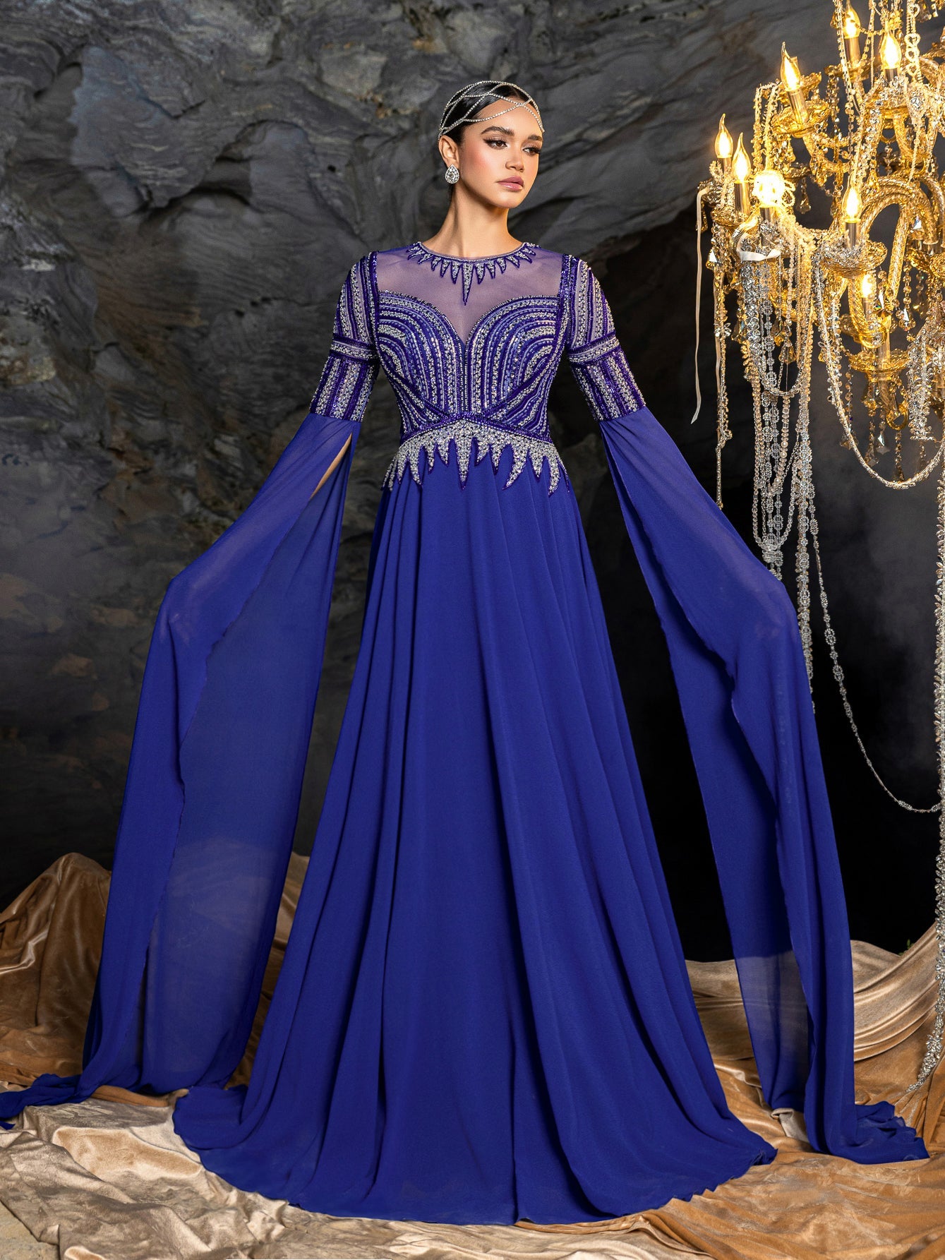 Gorgeous Chiffon Evening Gown with Sequins, Beads & Geometric V-Details, Long Sleeve Cape & Full Flowing Skirt – view 5