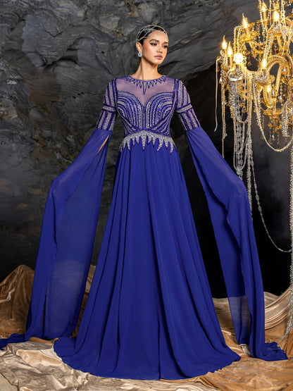 Gorgeous Chiffon Evening Gown with Sequins, Beads & Geometric V-Details, Long Sleeve Cape & Full Flowing Skirt – view 5