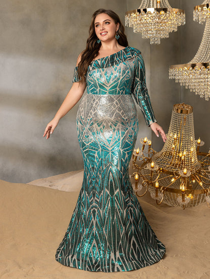 Plus One-Shoulder Geometric Sequin Gown | Long Sleeve Mermaid Dress
