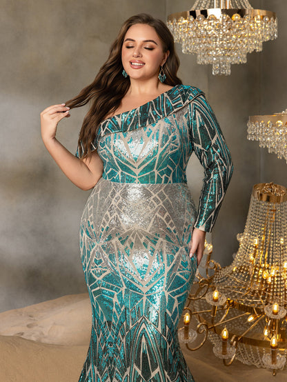 Plus One-Shoulder Geometric Sequin Gown | Long Sleeve Mermaid Dress