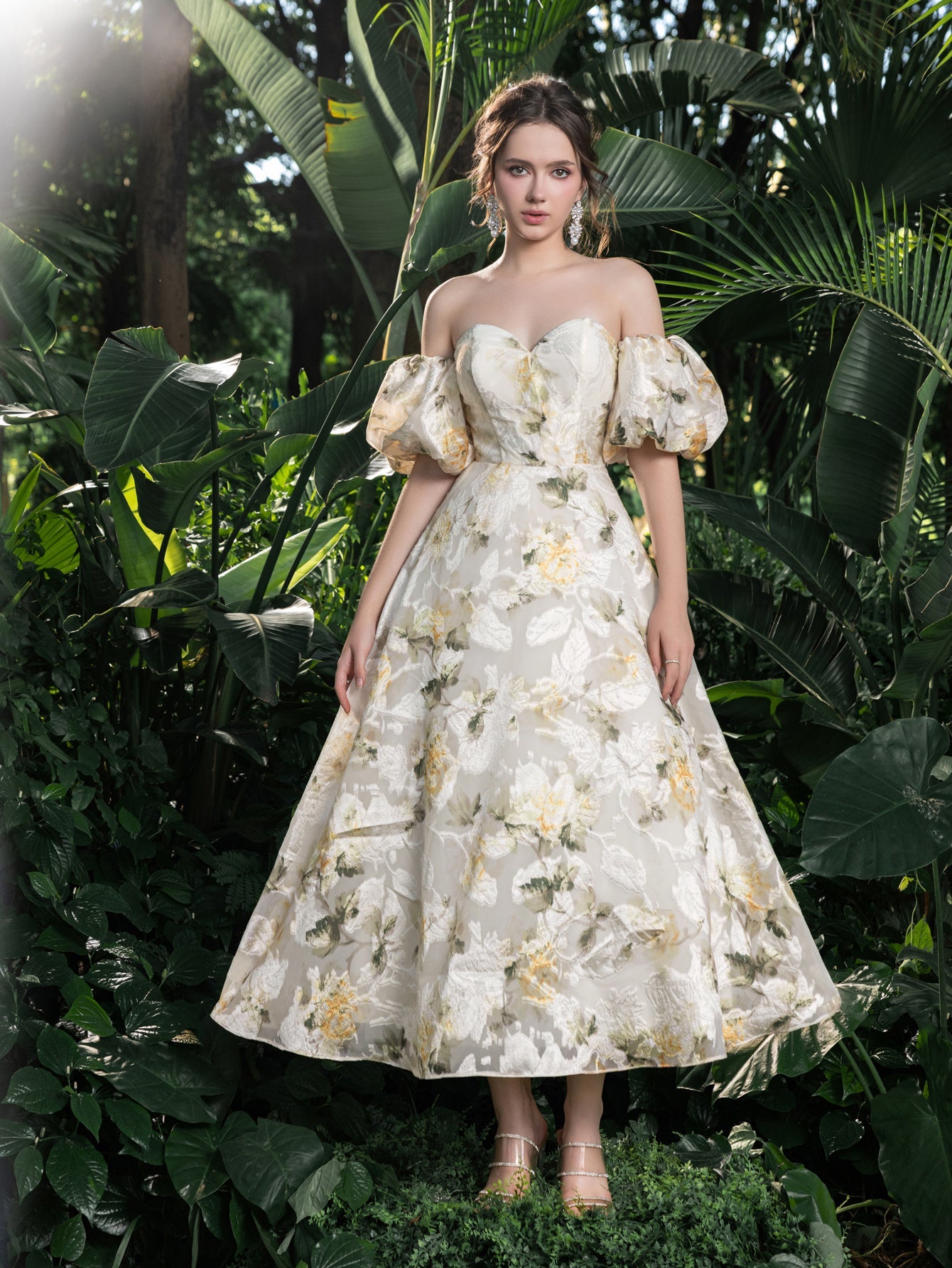 Off-Shoulder Floral Short-Sleeve A-Line Midi Dress — authorized product image 1