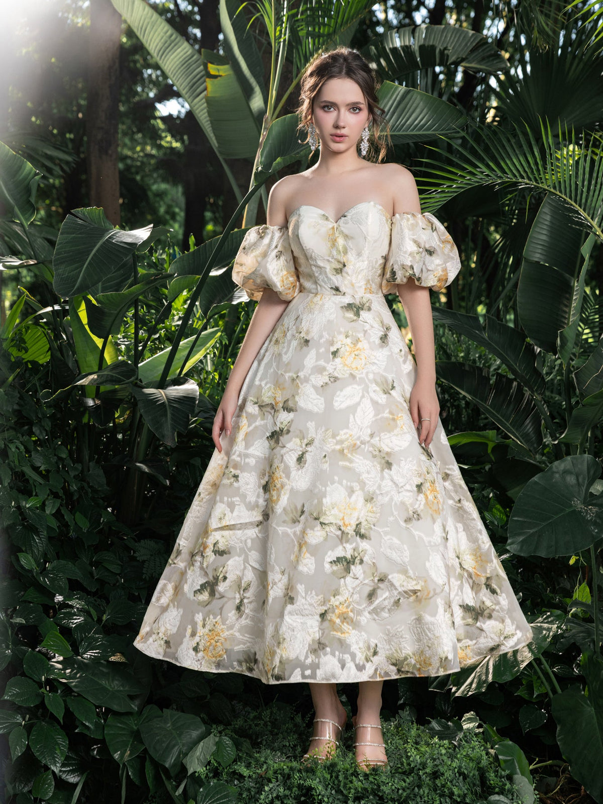 Off-Shoulder Floral Short-Sleeve A-Line Midi Dress — authorized product image 1