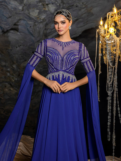 Gorgeous Chiffon Evening Gown with Sequins, Beads & Geometric V-Details, Long Sleeve Cape & Full Flowing Skirt – view 6