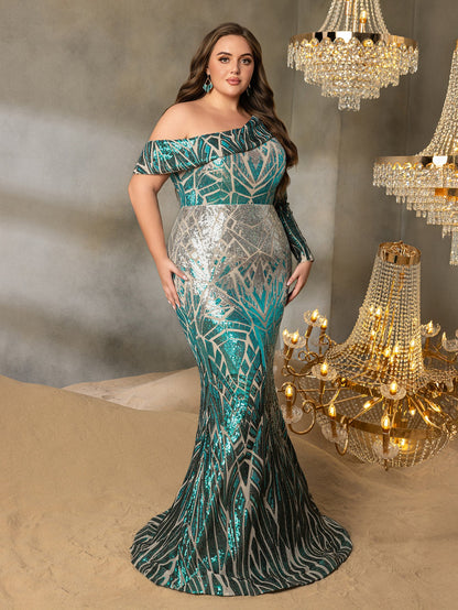 Plus One-Shoulder Geometric Sequin Gown | Long Sleeve Mermaid Dress