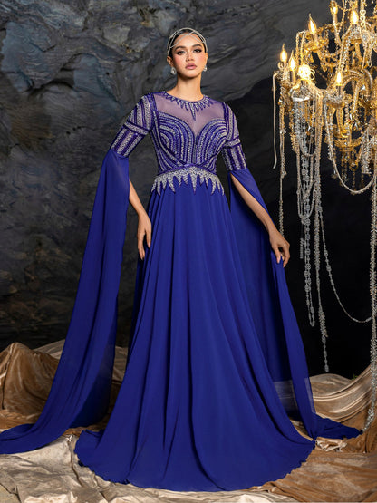 Gorgeous Chiffon Evening Gown with Sequins, Beads & Geometric V-Details, Long Sleeve Cape & Full Flowing Skirt – view 7