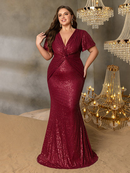 Additional product view of Twist Front Plunging-Neck Plus-Size V-Neck Sequin Evening Gown
