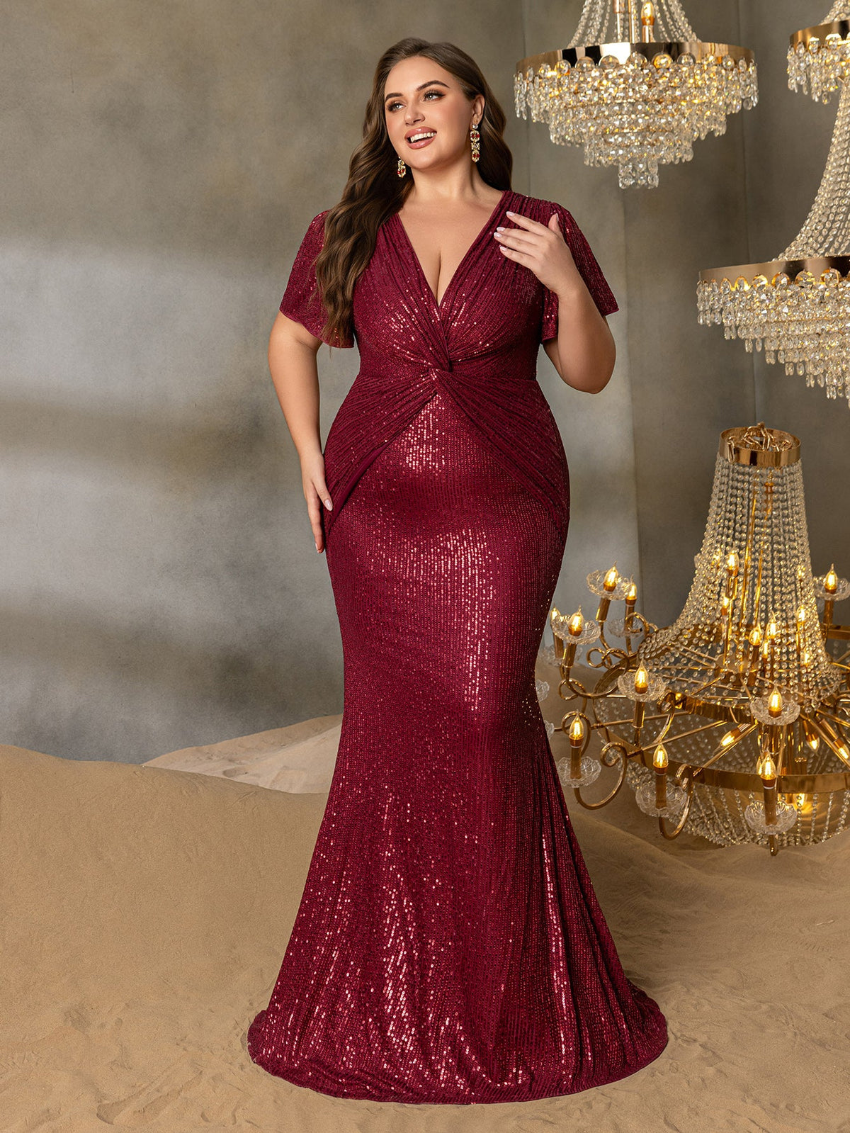 Additional product view of Twist Front Plunging-Neck Plus-Size V-Neck Sequin Evening Gown