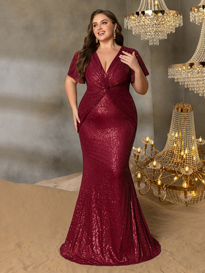 Additional product view of Twist Front Plunging-Neck Plus-Size V-Neck Sequin Evening Gown