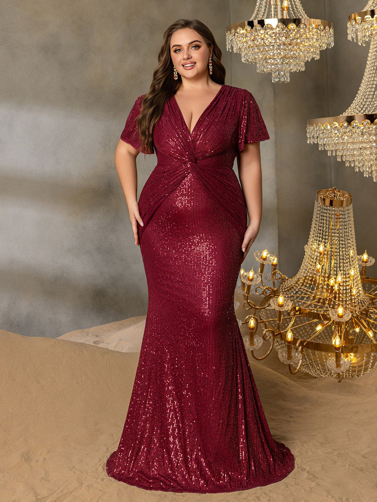 Twist Front Plunging-Neck Plus-Size V-Neck Sequin Evening Gown in Burgundy
