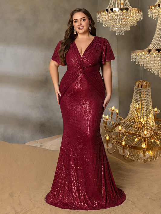 Twist Front Plunging-Neck Plus-Size V-Neck Sequin Evening Gown in Burgundy