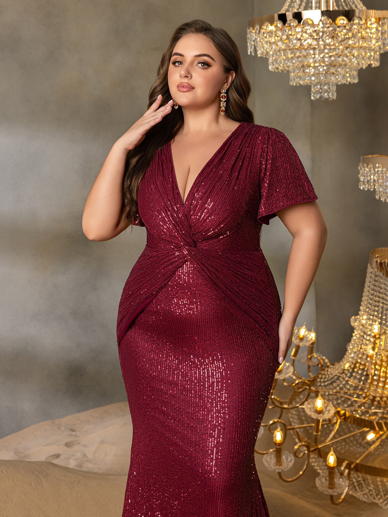 Additional product view of Twist Front Plunging-Neck Plus-Size V-Neck Sequin Evening Gown