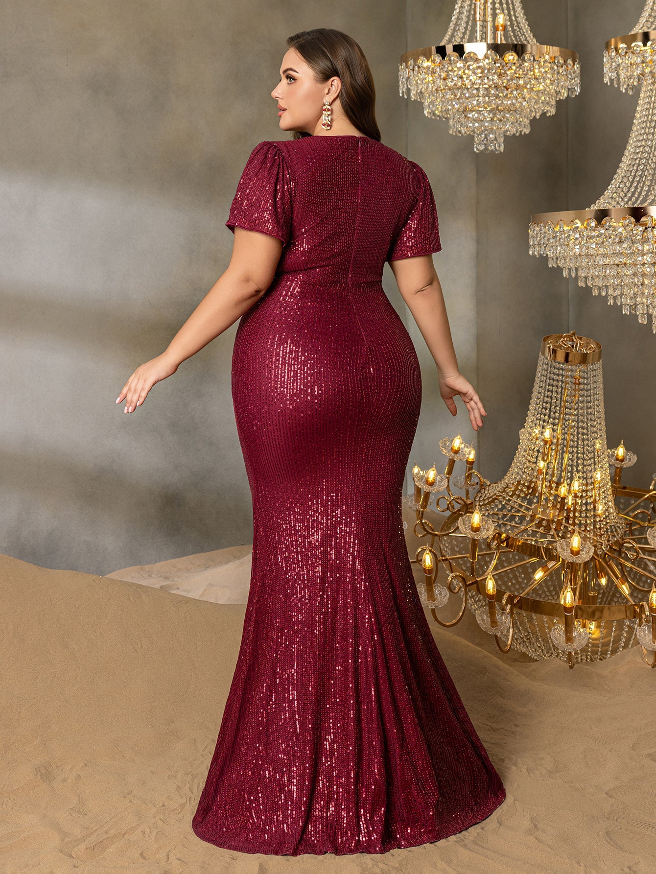 Additional product view of Twist Front Plunging-Neck Plus-Size V-Neck Sequin Evening Gown