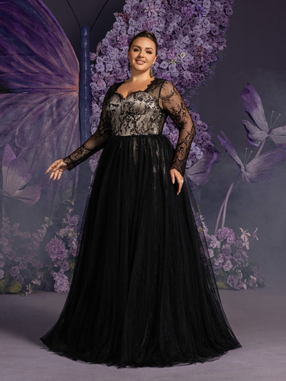 Plus Sweetheart Neck Lace Bodice Contrast Tulle Hem Evening Gown Wedding Dress – view 6