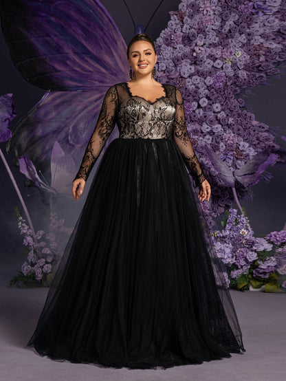 Plus Sweetheart Neck Lace Bodice Contrast Tulle Hem Evening Gown Wedding Dress – view 7
