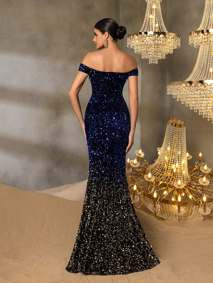 Elegant Off-Shoulder Split Mermaid Hem Ombre Sequin Evening Dress – view 2