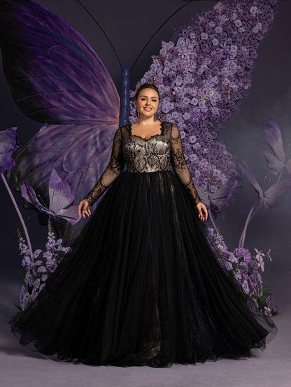 Plus Sweetheart Neck Lace Bodice Contrast Tulle Hem Evening Gown Wedding Dress – view 8