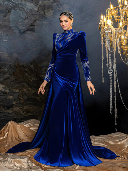 Elegant Velvet High-Neck Formal Dress | Long Sleeve Beaded Evening Gown with Sweep Train