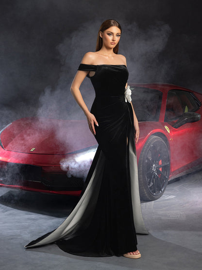 Elegant Strapless Draped Side Split Mermaid Hem Velvet Evening Dress – view 8