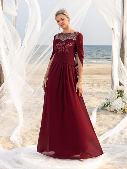 Women's Elegant Mother of the Bride Gown with Rhinestone Neckline & Floral Appliqué – Floor-Length Chiffon Evening Dress for Formal Galas – view 4