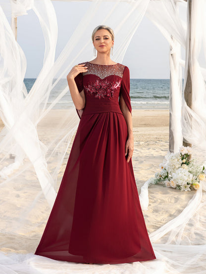 Women's Elegant Mother of the Bride Gown with Rhinestone Neckline & Floral Appliqué – Floor-Length Chiffon Evening Dress for Formal Galas – view 3