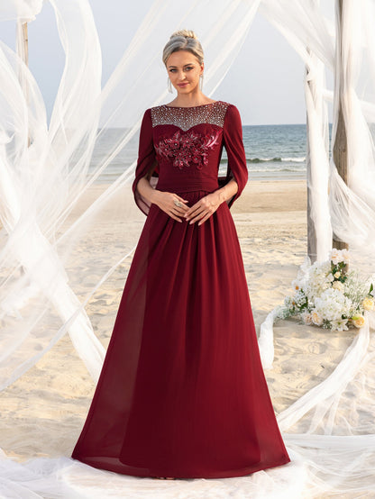 Women's Elegant Mother of the Bride Gown with Rhinestone Neckline & Floral Appliqué – Floor-Length Chiffon Evening Dress for Formal Galas – view 5
