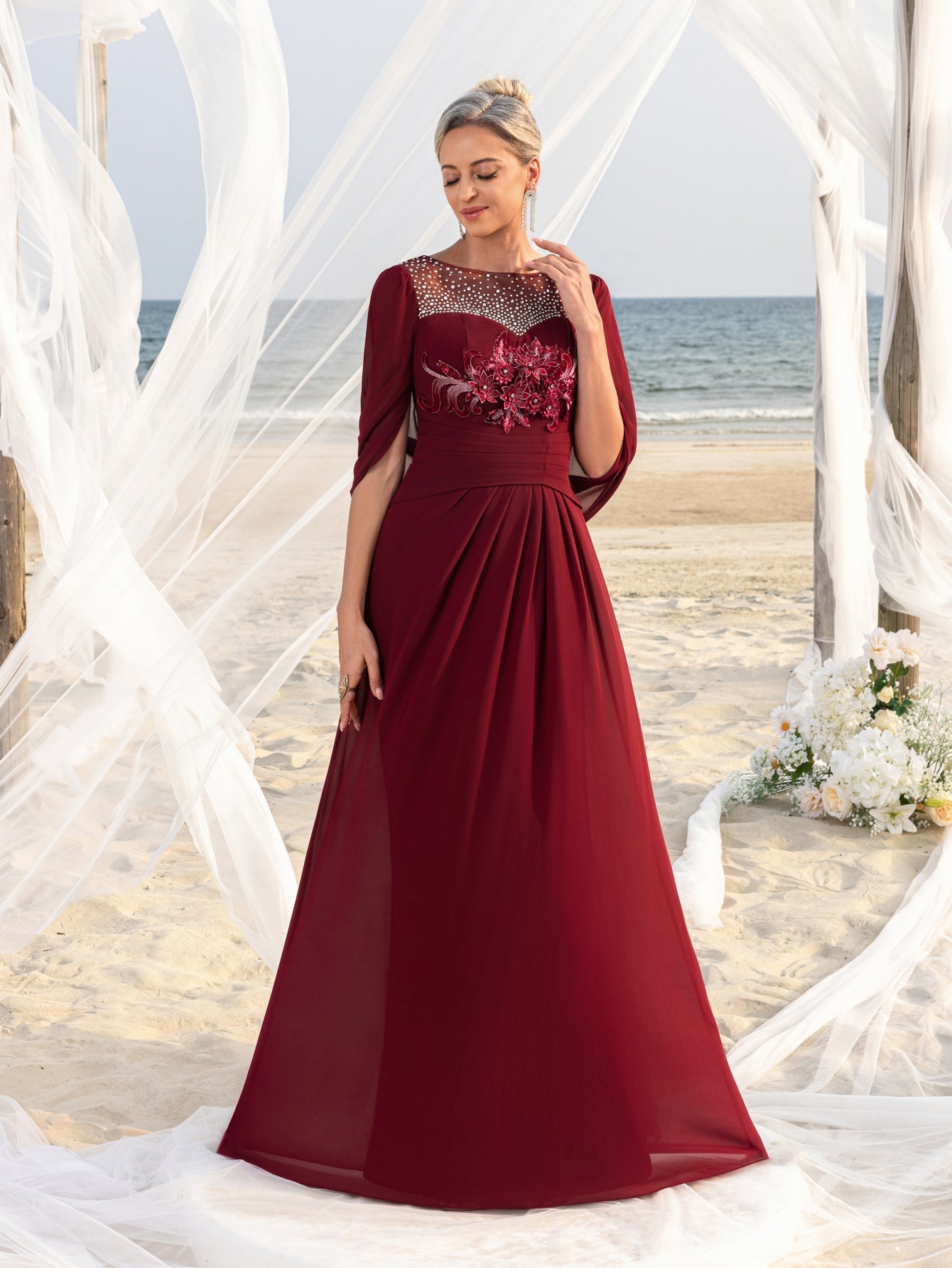 Women's Elegant Mother of the Bride Gown with Rhinestone Neckline & Floral Appliqué – Floor-Length Chiffon Evening Dress for Formal Galas – view 6