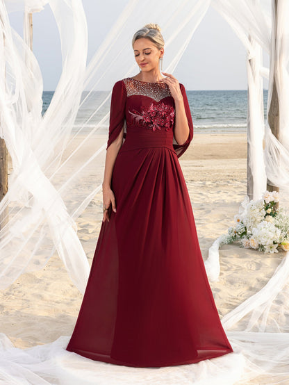 Women's Elegant Mother of the Bride Gown with Rhinestone Neckline & Floral Appliqué – Floor-Length Chiffon Evening Dress for Formal Galas – view 6