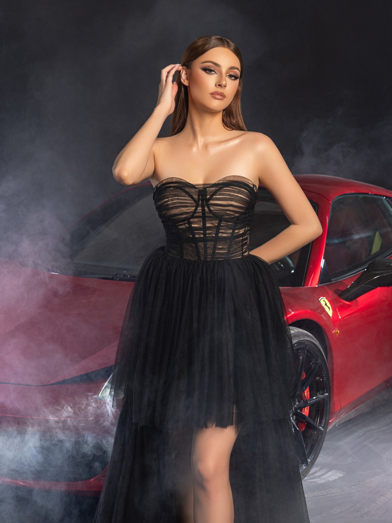 ELegant Strapless Layered High-Low Hem Tulle Party Dress – view 3