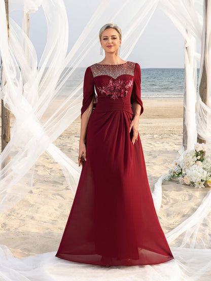 Women's Elegant Mother of the Bride Gown with Rhinestone Neckline & Floral Appliqué – Floor-Length Chiffon Evening Dress for Formal Galas – view 7