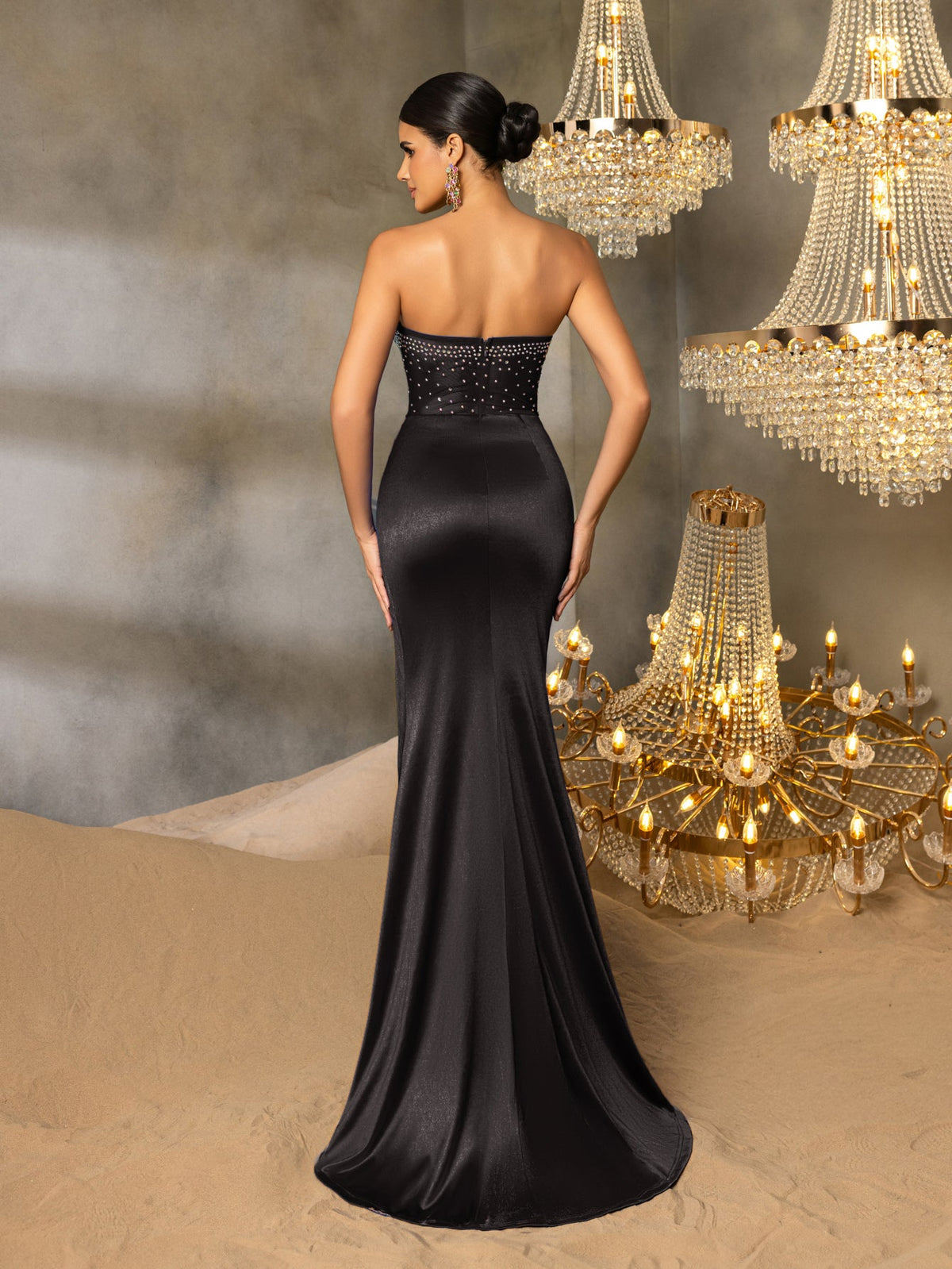 Elegant Strapless Rhinestone Detail Sheer Bodice Split Satin Formal Party Dress